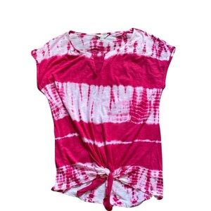 Lucky Brand Pink Tie-Dye White Stripes Women's Short Sleeve Top Size Large